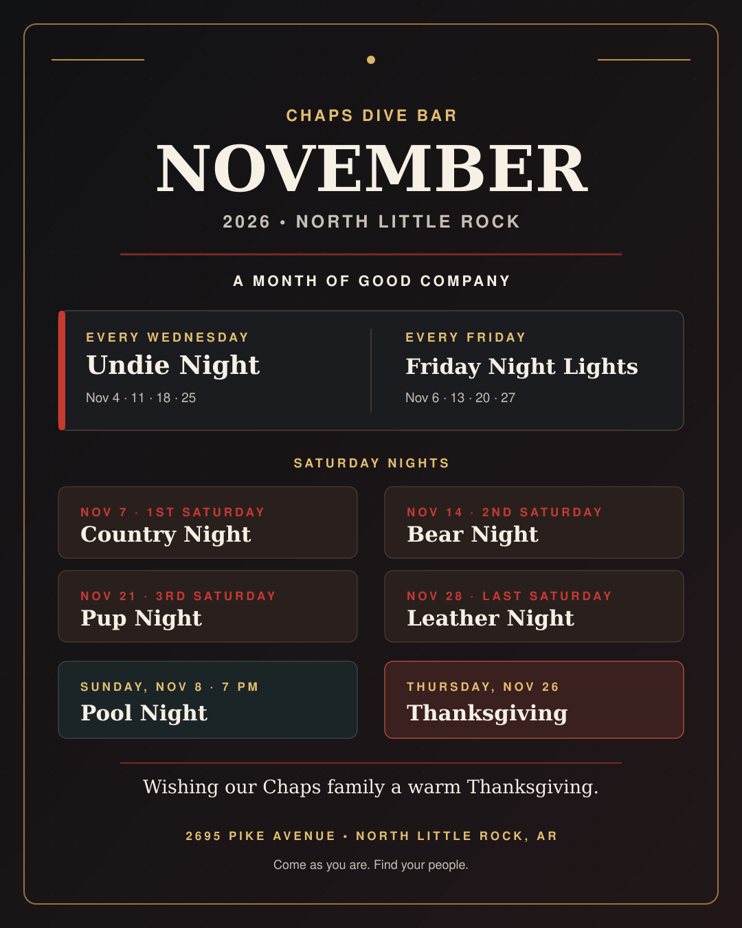 November 2026 events at Chaps Dive Bar: Wednesday Undie Night, Friday Night Lights, Country Night November 7, Pool Night November 8 at 7 PM, Bear Night November 14, Pup Night November 21, Thanksgiving November 26, and Leather Night November 28.
