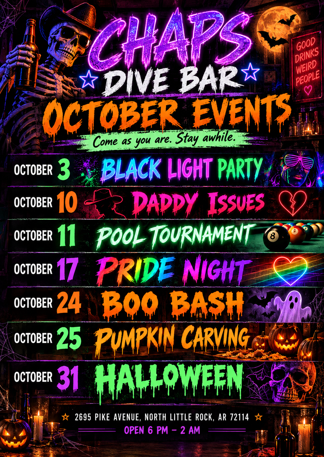 Full October Events poster for CHAPS Dive Bar, listing October 3 Black Light Party, October 10 Daddy Issues, October 11 Pool Tournament, October 17 Pride Night, October 24 Boo Bash, October 25 Pumpkin Carving, and October 31 Halloween