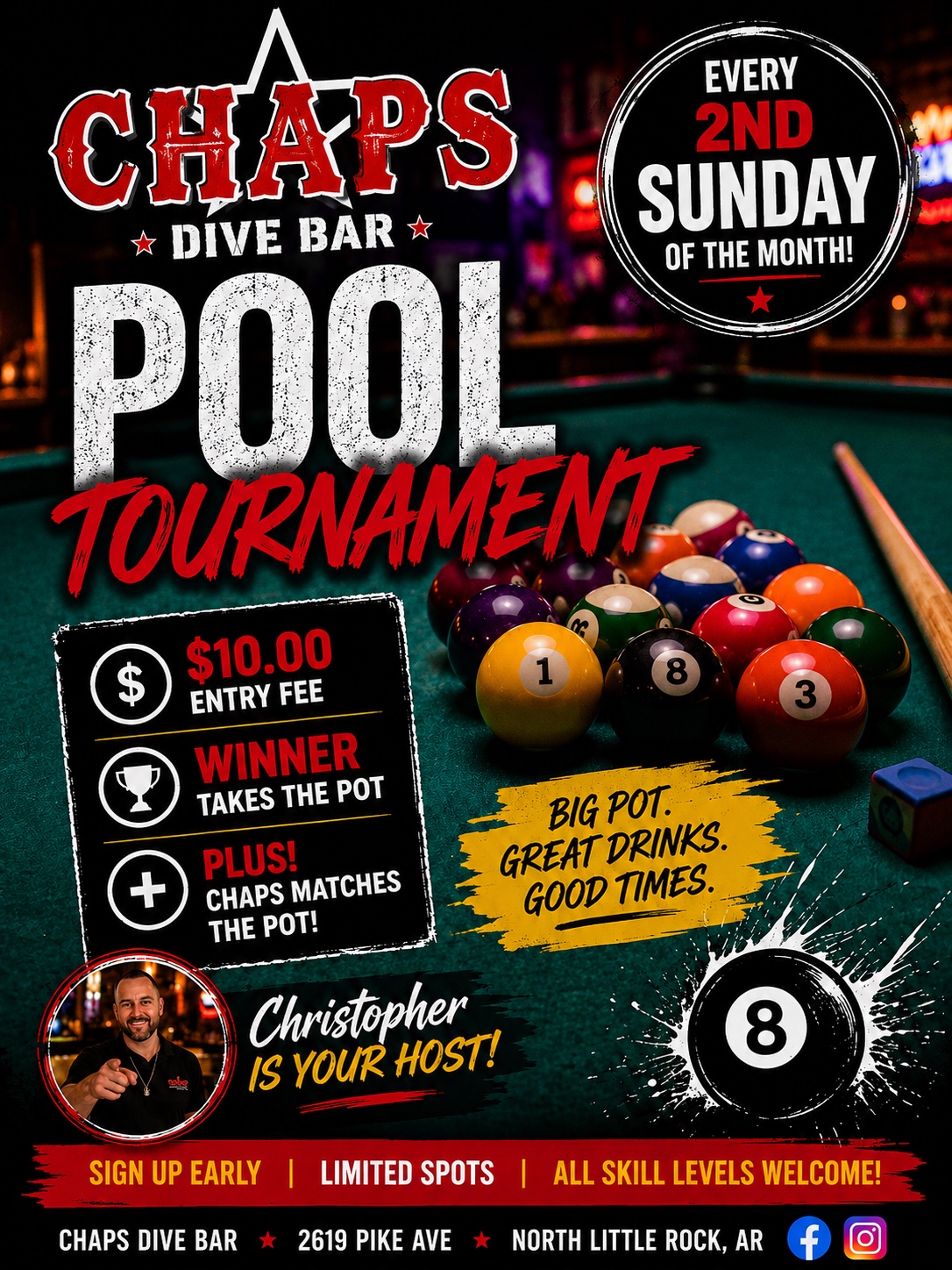 Chaps second Sunday pool tournament poster