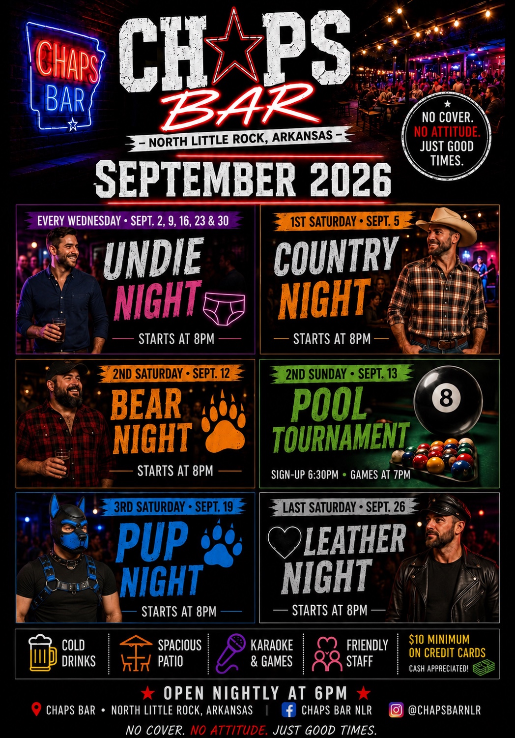 Chaps Bar September 2026 event calendar featuring Wednesday Undie Nights, Country Night, Bear Night, Pool Tournament, Pup Night, and Leather Night