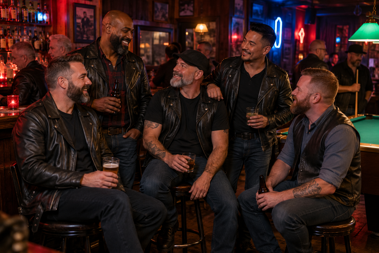 Friends in leather jackets and vests enjoying Leather Night