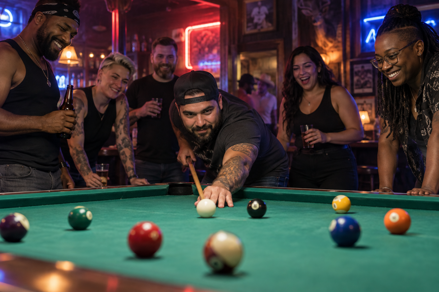 Friends gathered around the pool table for the monthly tournament