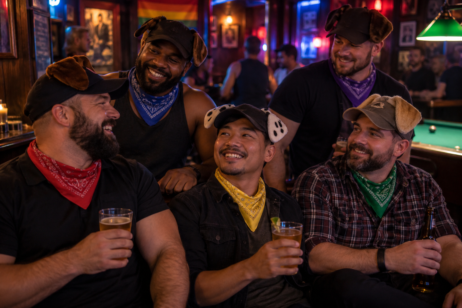 Friends in playful pup-themed caps and bandanas at Pup Night