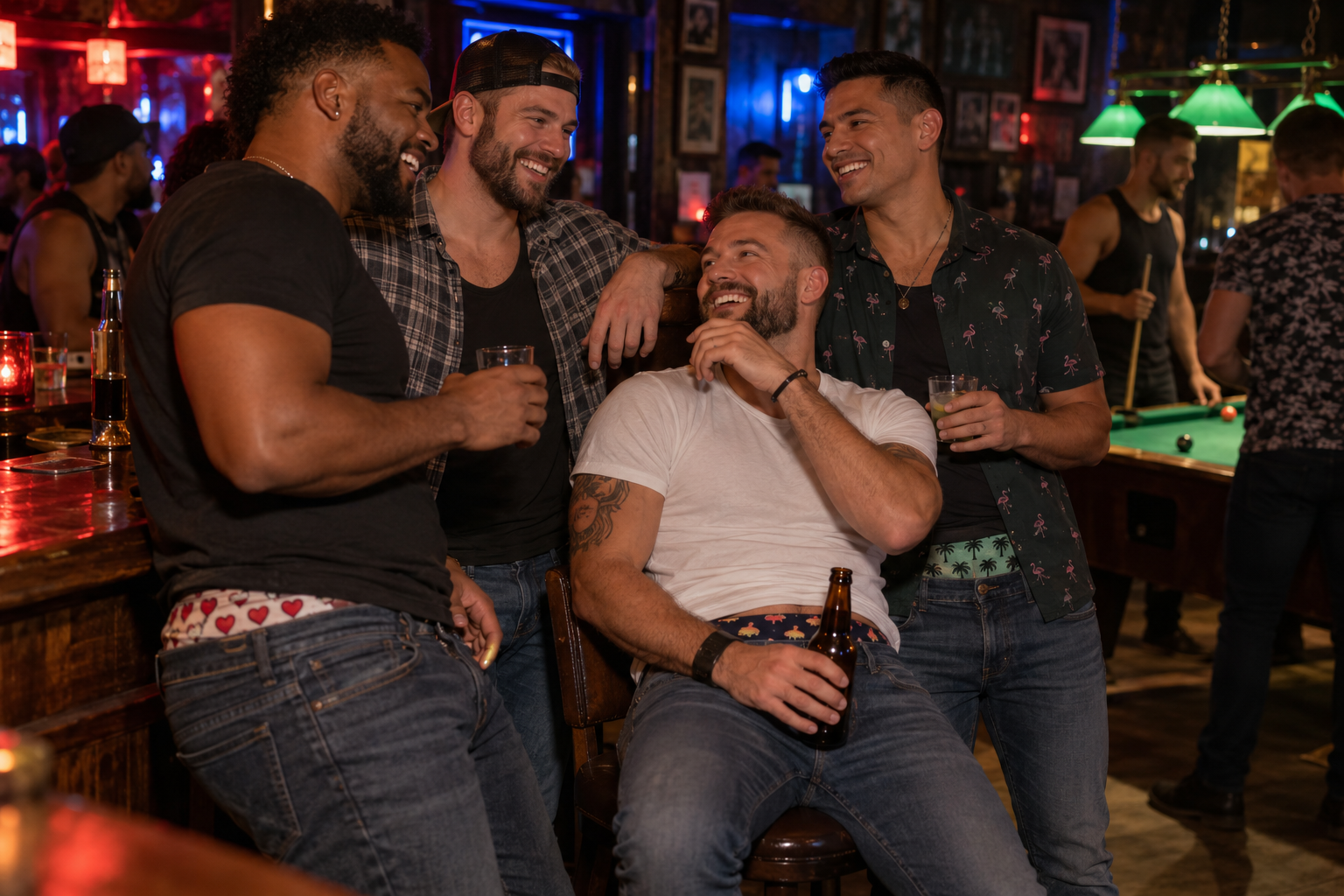 Friends enjoying Wednesday Undie Night in street-friendly clothing